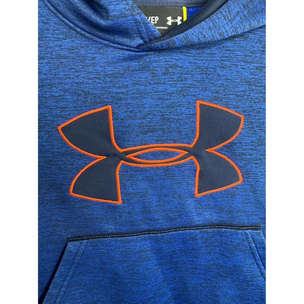 Under Armour Boys Blue Heather Orange Logo Pullover Hoodie Sweatshirt YXS